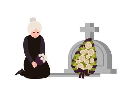 Sorrowful elderly woman dressed in mourning clothes crying near grave with headstone and wreath. Sad widow grieving on graveyard or cemetery. Colorful vector illustration in flat cartoon styleのイラスト素材