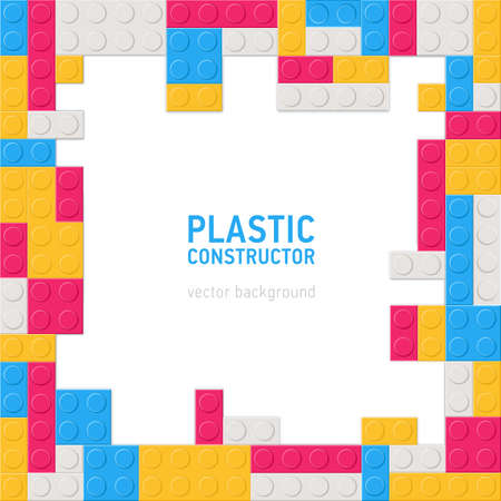 Square decorative backdrop or background with frame or border made of plastic construction details, interlocking toy bricks, building blocks, parts or pieces. Colorful flat vector illustration.のイラスト素材