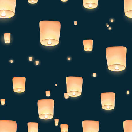 Seamless pattern with spectacular view of Chinese lanterns flying in night sky. Backdrop with oriental decorations for seasonal holiday celebration. Colored vector illustration for textile printのイラスト素材