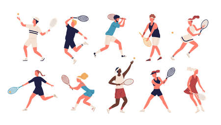 Collection of men and women dressed in sports apparel playing tennis. Set of sportsmen and sportswomen holding rackets and hitting ball isolated on white background. Flat cartoon vector illustrationのイラスト素材