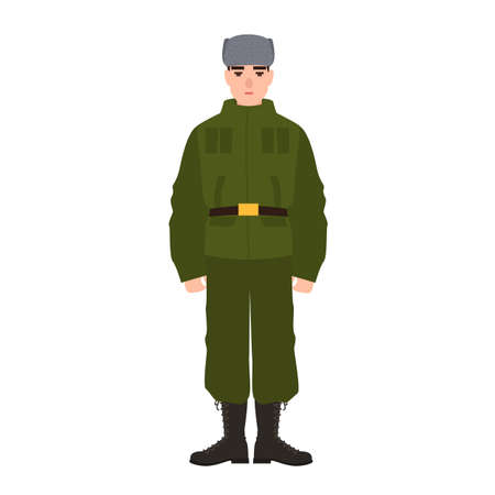 Military man of Russian armed force wearing army uniform and fur hat. Soldier or infantryman isolated on white background. Male cartoon character. Colorful vector illustration in flat cartoon styleのイラスト素材