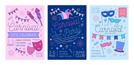 Bundle of placard, flyer or invitation templates for masquerade ball, carnival or costume party with fireworks and masks drawn with lines. Vector illustration in linear style for event promotionのイラスト素材