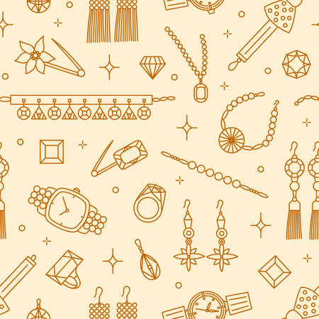 Seamless pattern with elegant jewelry items drawn with contour lines on light background - earrings, brooch, necklace, gemstone, wristwatch. Vector illustration in linear style for wrapping paperのイラスト素材