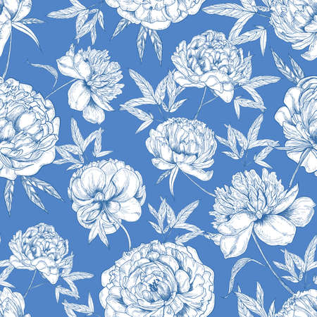 Romantic seamless pattern with tender peony flowers hand drawn with contour lines on blue background. Natural backdrop with gorgeous flowering garden plants. Realistic botanical vector illustrationのイラスト素材