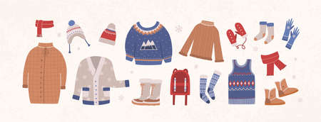 Bundle of knitted winter clothes and outerwear isolated on light background - woolen sweater, cardigan, waistcoat, snow boots, hat, gloves, socks. Set of seasonal clothing. Flat vector illustrationのイラスト素材