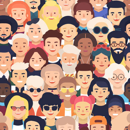 Seamless pattern with faces or heads of joyful people. Backdrop with crowd of old and young men and...