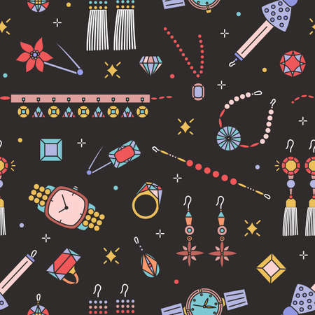 Seamless pattern with stylish jewelry items on black background - earrings, choker, bracelet, brooch, gemstones, ring, wristwatch. Vector illustration in linear style for wrapping paper, fabric printのイラスト素材