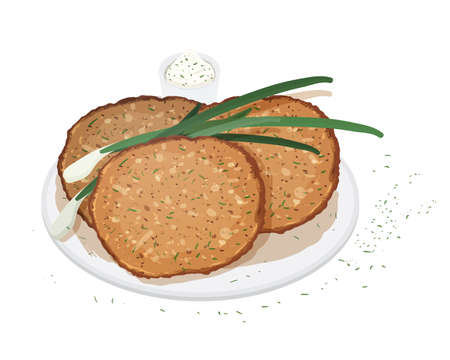 Pancakes, blini or crepes served on plate with scallion or green onion and sauce isolated on white...