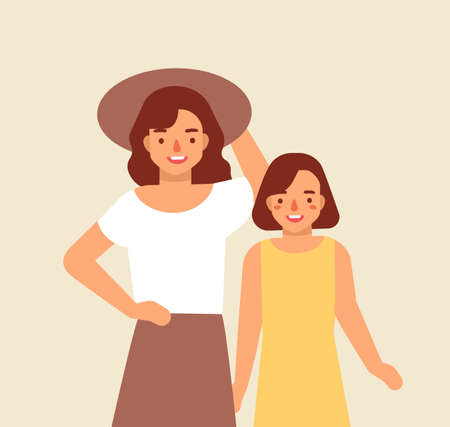 Portrait of smiling mother in hat and her daughter. Joyful adorable mom and child. Happy family. Cute funny cartoon characters. Parenting or parenthood. Colorful vector illustration in flat styleのイラスト素材
