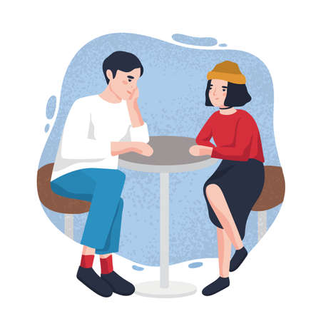 Cute young man and woman sitting at cafe table and looking at each other. Adorable modern couple on date at restaurant. Cartoon characters isolated on stain on background. Flat vector illustrationのイラスト素材