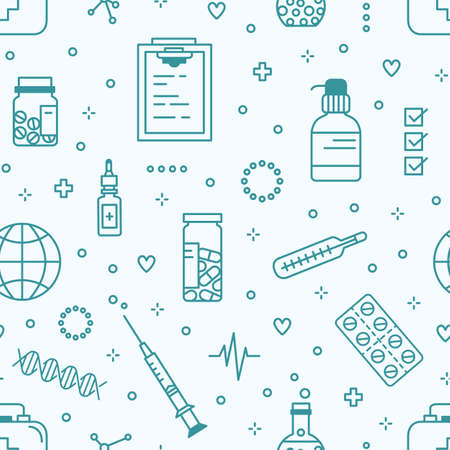 Seamless pattern with medical lab equipment. Backdrop with pills in jar and blister, healthcare tools drawn with contour lines on light background. Monochrome vector illustration in linear styleのイラスト素材