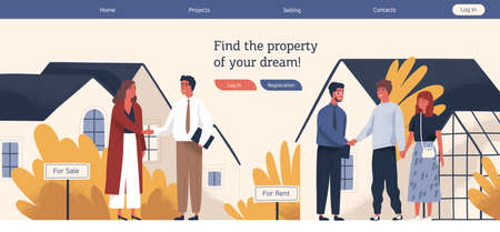 Web banner template with real estate agent or broker shaking hands with people buying or renting house. Colorful vector illustration in flat cartoon style for advertisement of property sellingのイラスト素材