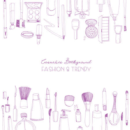 Square backdrop decorated with makeup tools and cosmetics hand drawn with contour lines on white background. Monochrome realistic vector illustration for beauty salon or studio advertisementのイラスト素材