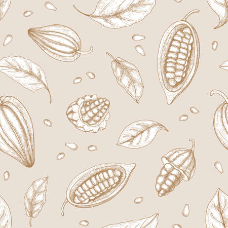 Monochrome seamless pattern with pods or fruits of cocoa tree, beans or seeds and leaves hand drawn with contour lines on light background. Botanical vector illustration for textile print, wallpaperのイラスト素材