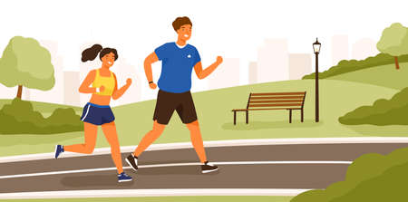 Cute couple dressed in sportswear running or jogging in park. Happy man and woman training outdoor together. Sports activity, healthy lifestyle. Colorful vector illustration in flat cartoon styleのイラスト素材