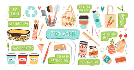 Collection of Zero Waste durable and reusable items or products - glass jars, eco grocery bags, wooden cutlery, comb, toothbrush and brushes, menstrual cup, thermo mug. Flat vector illustrationのイラスト素材