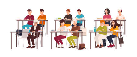 Group of pupils sitting at desks in classroom, demonstrating good behavior and attentively listening to lesson or lecture. Obedient teenage children or students. Flat cartoon vector illustrationのイラスト素材