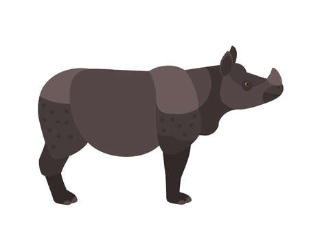 Adorable rhino or rhinoceros isolated on white background. Cute wild exotic herbivorous animal with horn. Endangered species of Africa. Side view. Colorful vector illustration in flat cartoon style.のイラスト素材