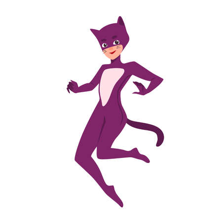 Heroic cat girl or supergirl. Smiling hero child wearing feline costume. Graceful and confident comic or fantastic character with super powers. Colored vector illustration in flat cartoon style.のイラスト素材
