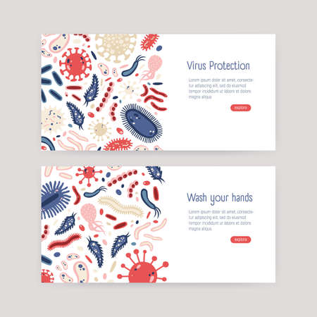 Bundle of web banner templates with harmful single cell microorganisms on white background and place for text. Bacteria and virus protection awareness. Vector illustration in flat cartoon styleのイラスト素材