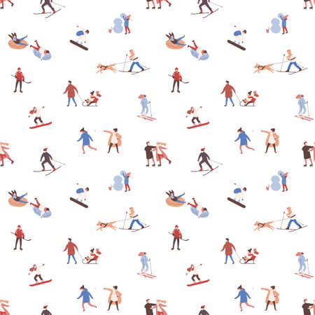 Seamless pattern with men, women and children performing winter outdoor activities. Backdrop with people skiing, snowboarding, ice skating, playing hockey, building snowman. Flat vector illustrationのイラスト素材