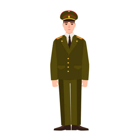 Military man of Russian armed force wearing uniform. Infantryman or serviceman. Officer, sergeant or lieutenant isolated on white background. Colored vector illustration in flat cartoon styleのイラスト素材