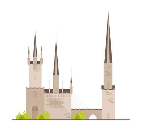 Beautiful fairytale castle or medieval fortress with towers isolated on white background. Facade of royal residence or historical building of gothic architecture. Flat cartoon vector illustration.のイラスト素材