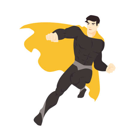 Fantastic superhero flying. Man with muscular body wearing bodysuit and cape. Comic character with super power. Brave and strong superhuman. Colorful vector illustration in flat cartoon style.のイラスト素材