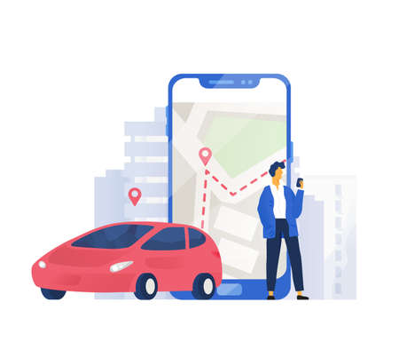 Modern composition with automobile and male character standing beside giant mobile phone with city map on screen. Colorful vector illustration in flat style for carsharing or car rental service.のイラスト素材