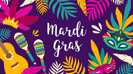 Mardi Gras banner template decorated by tropical leaves, guitar, maracas and masks. Flat vector illustration for holiday celebration, masquerade or carnival party invitation, festival announcementのイラスト素材