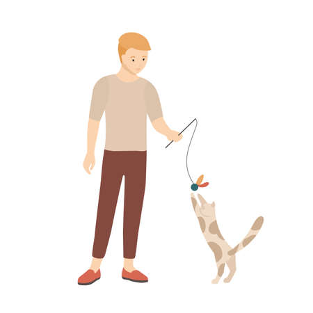 Teenage boy playing with his cat. Male character teasing kitten. Owner of domestic animal and his playful pet isolated on white background. Colorful vector illustration in flat cartoon styleのイラスト素材