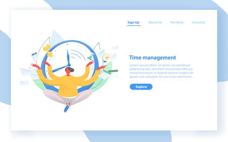 Web banner template with man sitting with crossed legs against clock face on background. Time management, effective planning and organization, scheduling, multitasking. Flat vector illustrationのイラスト素材