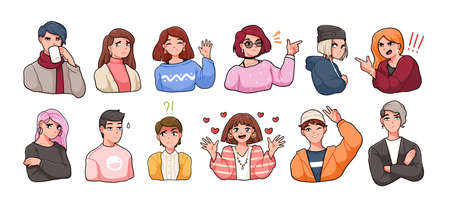 Collection of portraits of cute funny anime characters expressing different emotions. Set of young...