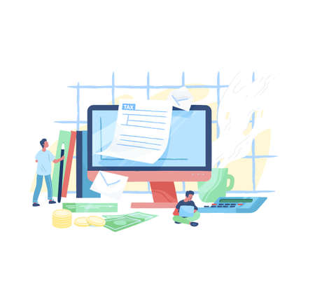 Giant computer, tiny people or taxpayers sitting beside and filling in tax form, money bills and coins. Personal taxation, income or revenue calculation. Modern vector illustration in flat style.のイラスト素材
