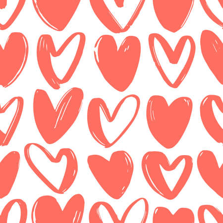 Seamless pattern with red hearts drawn with rough contour lines on white background. Valentine's day...