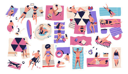 People lying on towels or blankets on beach or seashore and sunbathing, reading books, talking. Men, women and children relaxing at summer resort. Recreational activities. Flat vector illustrationのイラスト素材