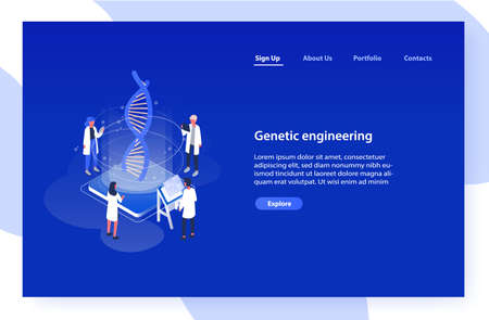 Web banner template with analysts, scientists or researchers analyzing DNA molecule on blue background. Genetic engineering, biotechnology and genome modification. Isometric vector illustrationのイラスト素材