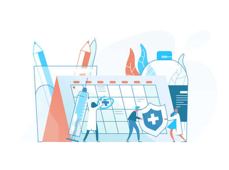 Tiny doctors, physicians or health care professionals, giant syringe with vaccine and calendar or schedule. Vaccination awareness, medicine and healthcare service. Colorful flat vector illustration.のイラスト素材