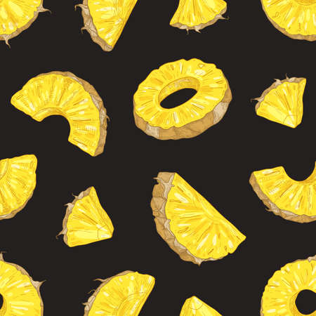 Elegant seamless pattern with fresh pineapple pieces and slices on black background. Backdrop with exotic juicy fruit. Hand drawn vector illustration in vintage style for wrapping paper, fabric print.のイラスト素材