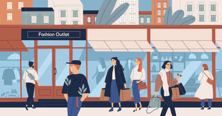 Fashion outlet, mass market apparel store, trendy clothing boutique, shopping center or mall and people, buyers or customers walking along city street. Flat cartoon colorful vector illustrationのイラスト素材