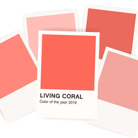 Living coral - color of 2019 year. Banner with samples, swatches or reference cards on white...