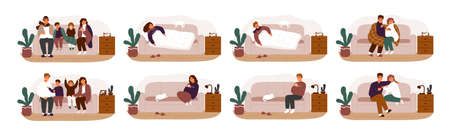 Collection of ill or sick and recovered people on sofa or couch. Bundle of adults and children having influenza, common cold or infection and recovering. Vector illustration in flat cartoon styleのイラスト素材