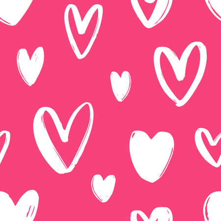 Hand drawn seamless pattern with hearts on bright pink background. Festive backdrop with love, passion and romance symbols. Vector illustration for Valentines day textile print, wrapping paperのイラスト素材