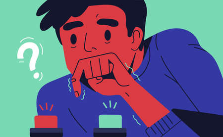 Young man choosing button to push. Concept of difficult choice between two options, alternatives or...