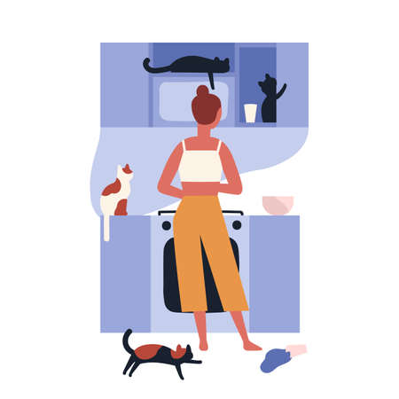 Crazy cat lady standing in kitchen full of her kitties and cooking. Home scene with woman and her domestic animals. Lonely pet owner. Back view. Colorful vector illustration in flat cartoon styleのイラスト素材