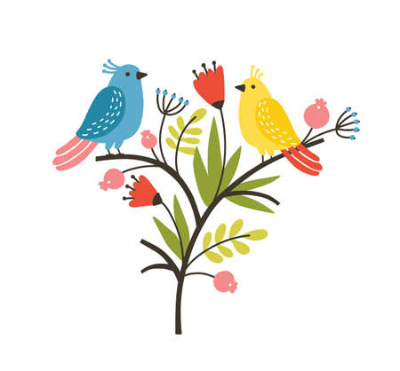 Seasonal composition with pair of lovely cute birds sitting on branch with blooming spring flowers and leaves. Springtime decoration. Colorful childish vector illustration in flat cartoon styleのイラスト素材