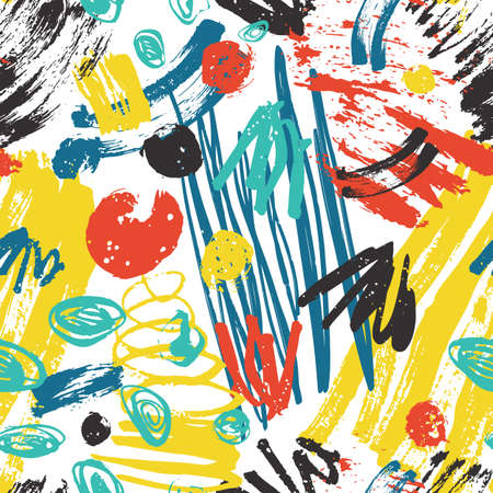 Colorful abstract seamless pattern with rough paint traces, brush strokes, scribble on white background. Artistic backdrop. Vector illustration in grunge style for wrapping paper, textile printのイラスト素材