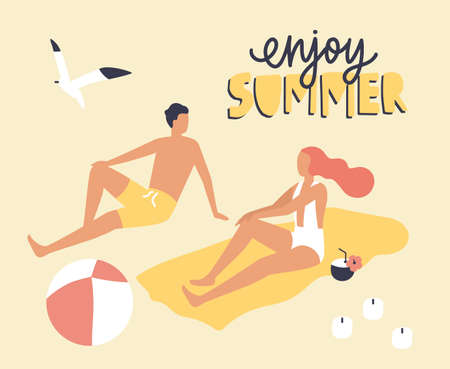 Postcard template with couple dressed in swimwear sitting on beach and sunbathing and Enjoy Summer slogan handwritten with cursive calligraphic font. Relax at seaside resort. Flat vector illustrationのイラスト素材