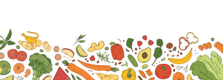 Horizontal backdrop with border consisted of fresh organic food. Banner template with tasty eco wholesome ripe vegetables, fruits, delicious healthy products. Hand drawn realistic vector illustrationのイラスト素材