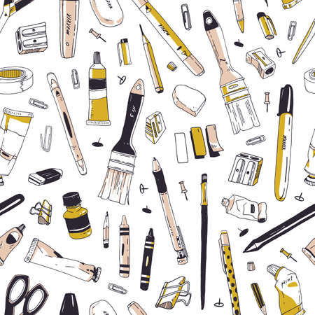 Elegant seamless pattern with stationery, writing utensils, office tools or art supplies hand drawn on white background. Realistic vector illustration for wrapping paper, textile print, wallpaperのイラスト素材